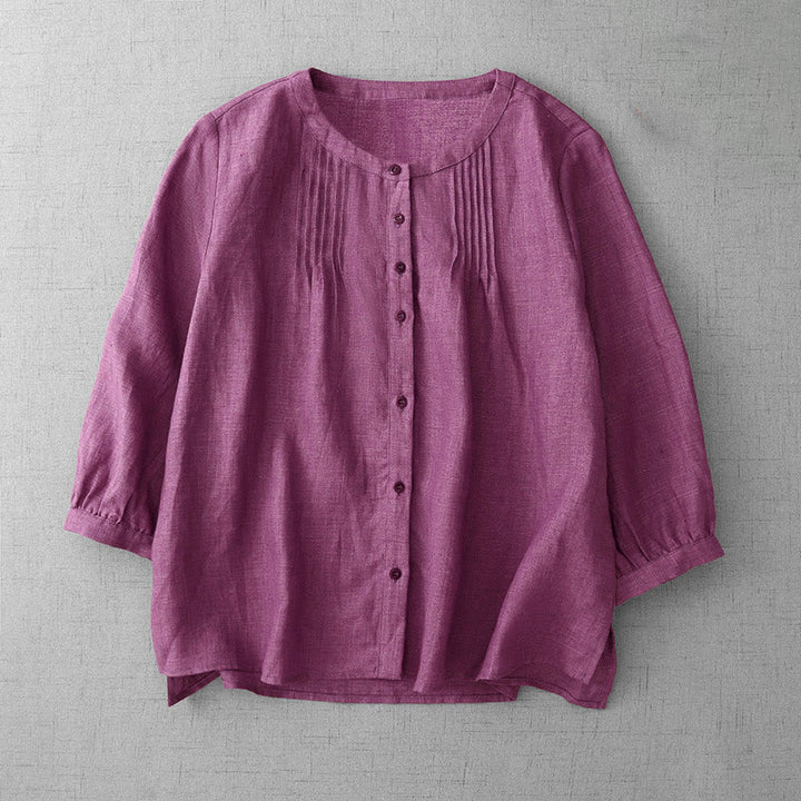 Buddha Stones Plain Button Pleated Design Crew Neck Three Quarter Sleeve Women's Cotton Shirt - MediumVioletRed - US14，UK/AU18，EU46 (2XL) - image 8