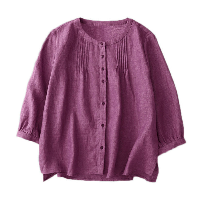 Buddha Stones Plain Button Pleated Design Crew Neck Three Quarter Sleeve Women's Cotton Shirt - image 21