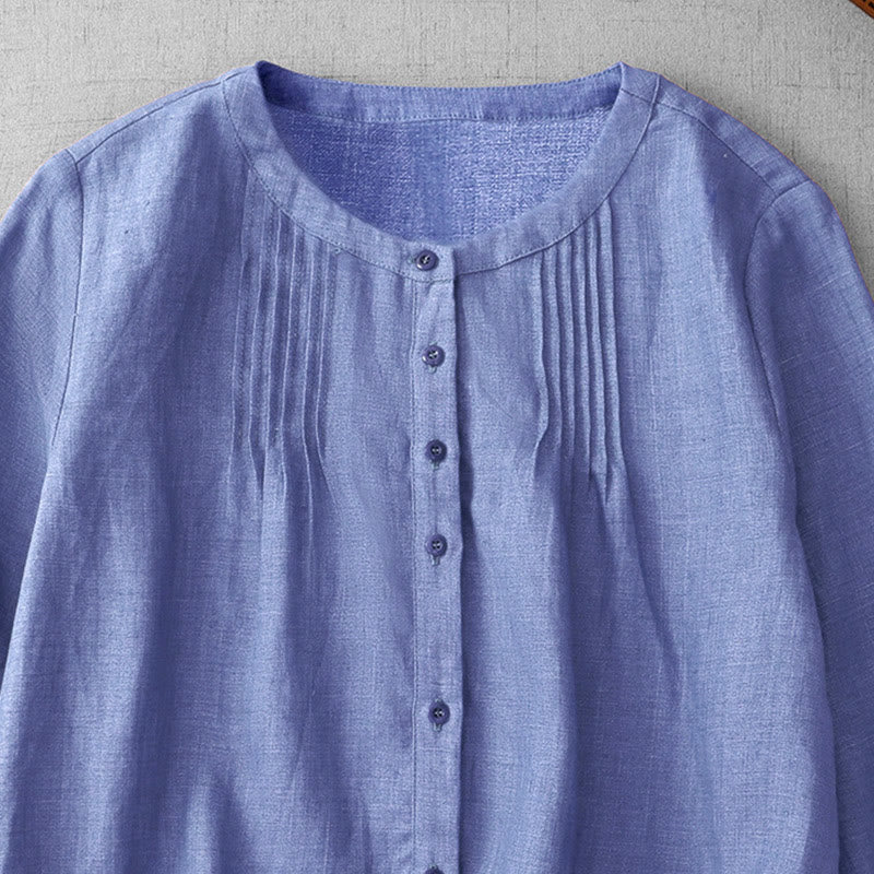 Buddha Stones Plain Button Pleated Design Crew Neck Three Quarter Sleeve Women's Cotton Shirt - image 3