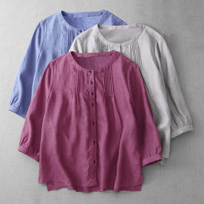 Buddha Stones Plain Button Pleated Design Crew Neck Three Quarter Sleeve Women's Cotton Shirt - image 1