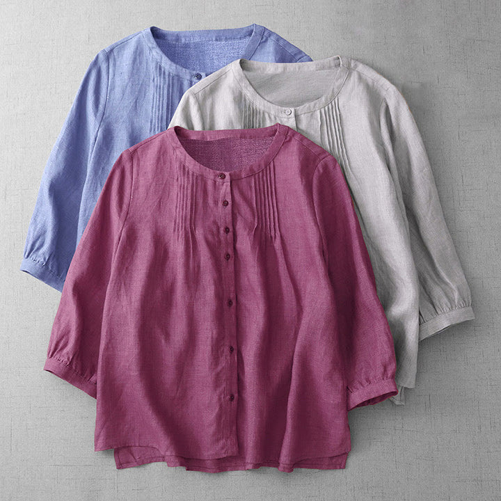 Buddha Stones Plain Button Pleated Design Crew Neck Three Quarter Sleeve Women's Cotton Shirt - image 1