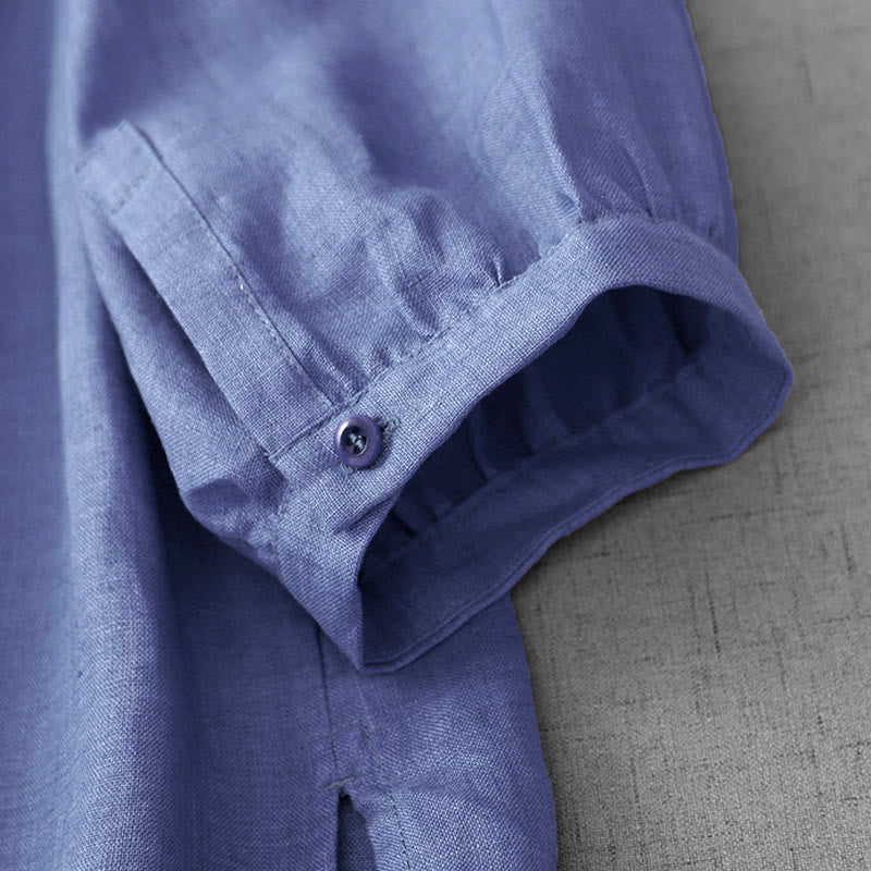 Buddha Stones Plain Button Pleated Design Crew Neck Three Quarter Sleeve Women's Cotton Shirt - image 6