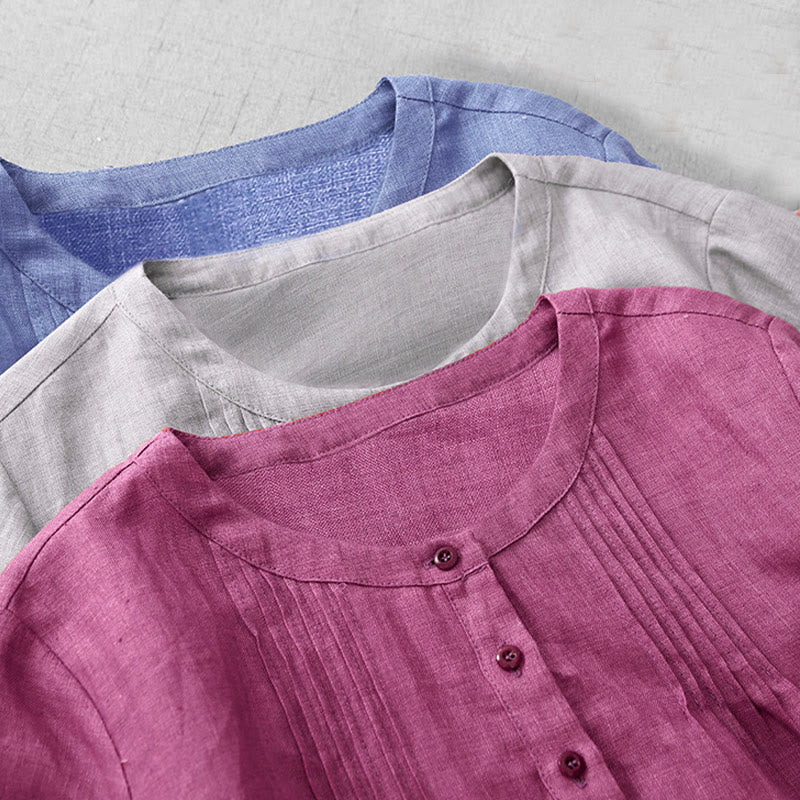 Buddha Stones Plain Button Pleated Design Crew Neck Three Quarter Sleeve Women's Cotton Shirt - image 20
