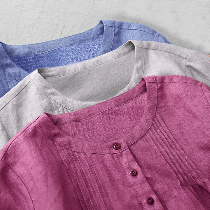Buddha Stones Plain Button Pleated Design Crew Neck Three Quarter Sleeve Women's Cotton Shirt - image 20