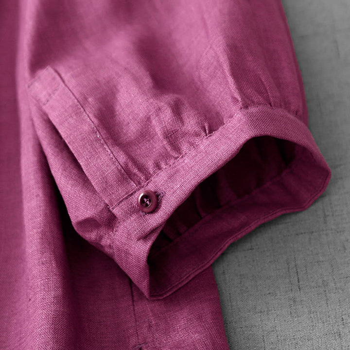 Buddha Stones Plain Button Pleated Design Crew Neck Three Quarter Sleeve Women's Cotton Shirt - image 14