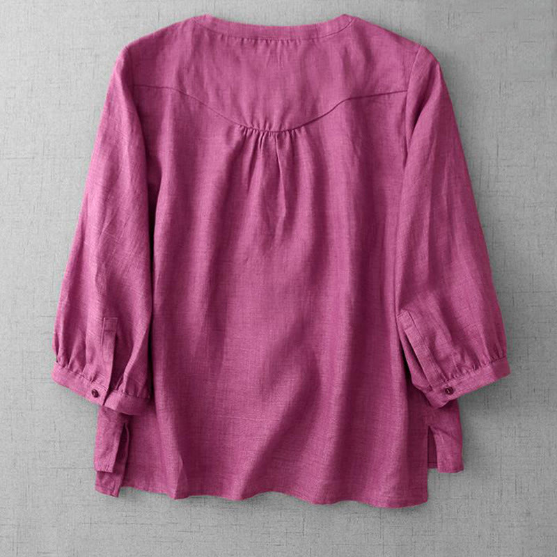 Buddha Stones Plain Button Pleated Design Crew Neck Three Quarter Sleeve Women's Cotton Shirt - image 9
