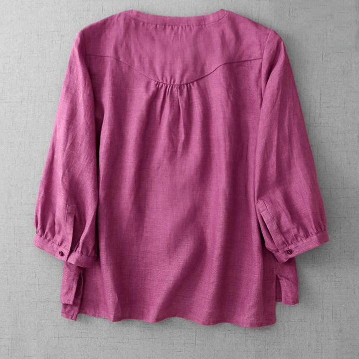 Buddha Stones Plain Button Pleated Design Crew Neck Three Quarter Sleeve Women's Cotton Shirt - image 9