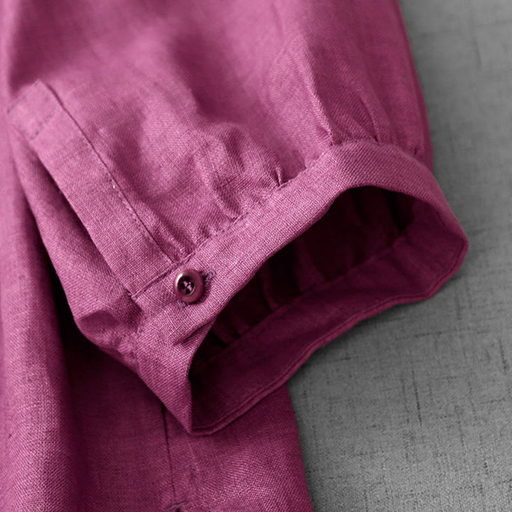 Buddha Stones Plain Button Pleated Design Crew Neck Three Quarter Sleeve Women's Cotton Shirt - image 11