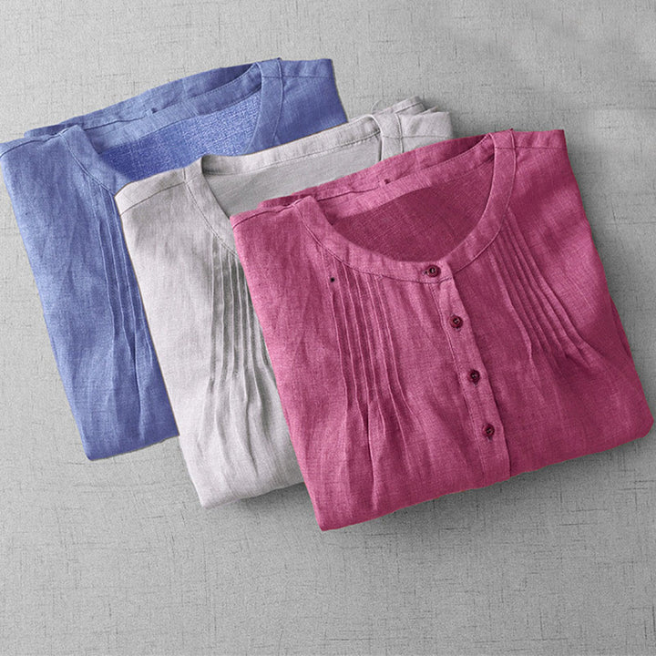 Buddha Stones Plain Button Pleated Design Crew Neck Three Quarter Sleeve Women's Cotton Shirt - image 19