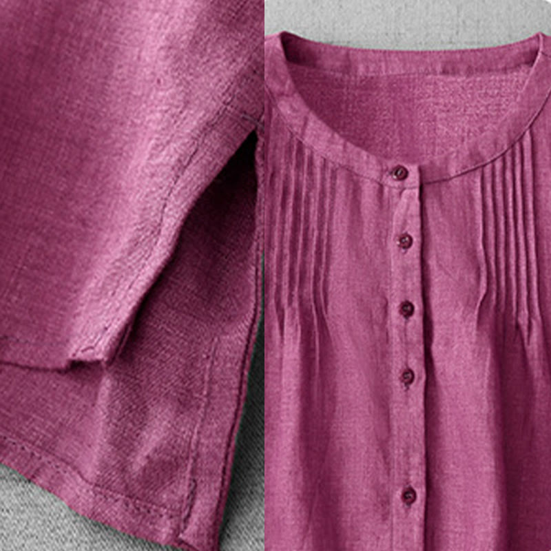 Buddha Stones Plain Button Pleated Design Crew Neck Three Quarter Sleeve Women's Cotton Shirt - image 16