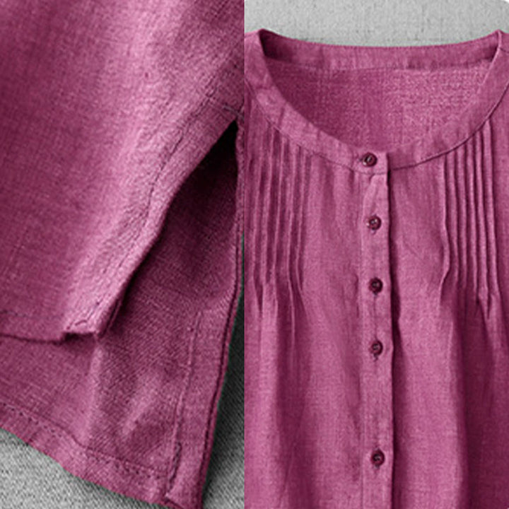 Buddha Stones Plain Button Pleated Design Crew Neck Three Quarter Sleeve Women's Cotton Shirt - image 16