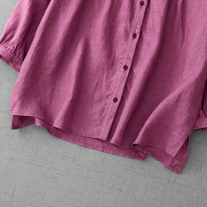 Buddha Stones Plain Button Pleated Design Crew Neck Three Quarter Sleeve Women's Cotton Shirt - image 12
