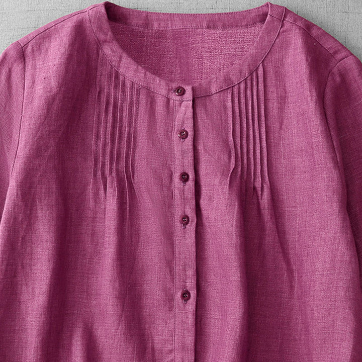 Buddha Stones Plain Button Pleated Design Crew Neck Three Quarter Sleeve Women's Cotton Shirt - image 10