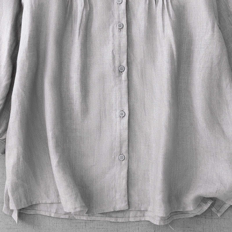 Buddha Stones Plain Button Pleated Design Crew Neck Three Quarter Sleeve Women's Cotton Shirt - image 25