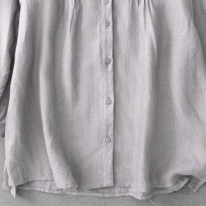 Buddha Stones Plain Button Pleated Design Crew Neck Three Quarter Sleeve Women's Cotton Shirt - image 25