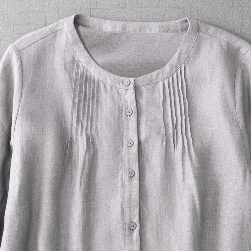 Buddha Stones Plain Button Pleated Design Crew Neck Three Quarter Sleeve Women's Cotton Shirt - image 23