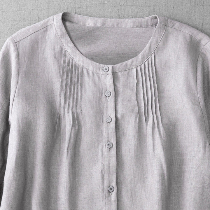 Buddha Stones Plain Button Pleated Design Crew Neck Three Quarter Sleeve Women's Cotton Shirt - image 23
