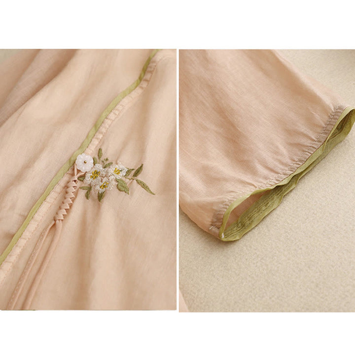 Buddha Stones Beige Floral Green Leaf Embroidery Crew Neck Three Quarter Sleeve Women's Cotton Shirt - image 18