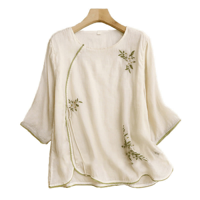 Buddha Stones Beige Floral Green Leaf Embroidery Crew Neck Three Quarter Sleeve Women's Cotton Shirt - image 12