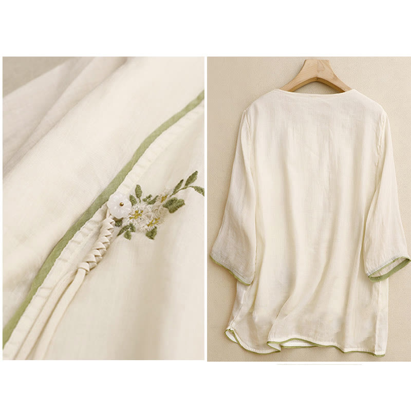 Buddha Stones Beige Floral Green Leaf Embroidery Crew Neck Three Quarter Sleeve Women's Cotton Shirt - image 1