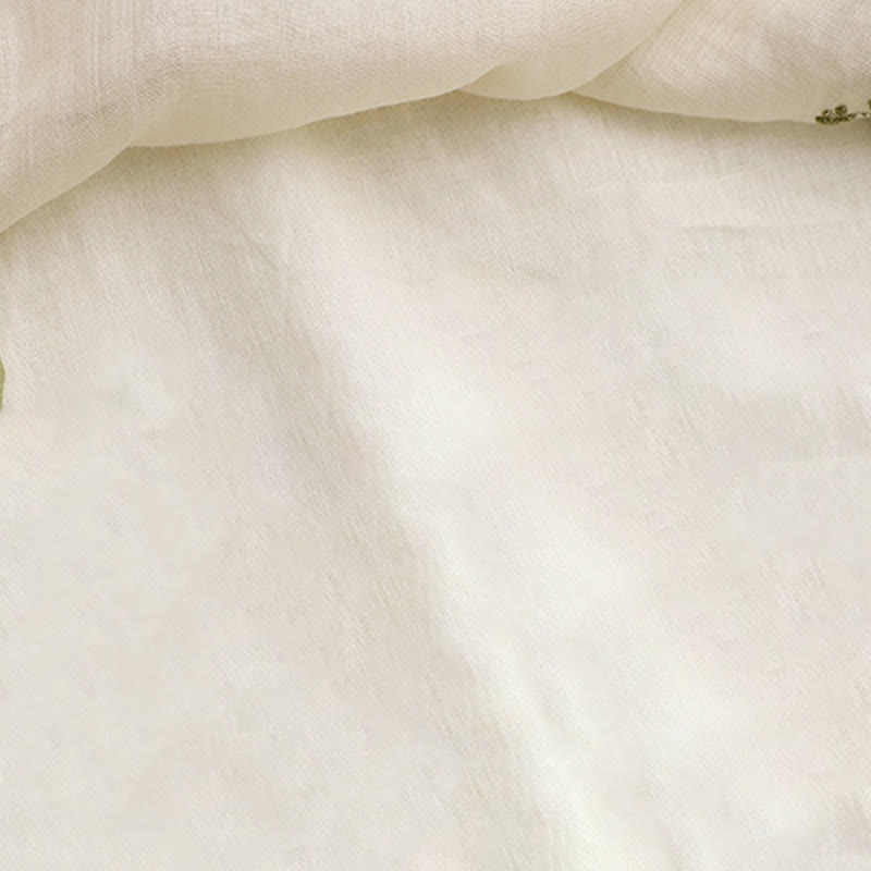 Buddha Stones Beige Floral Green Leaf Embroidery Crew Neck Three Quarter Sleeve Women's Cotton Shirt - image 6