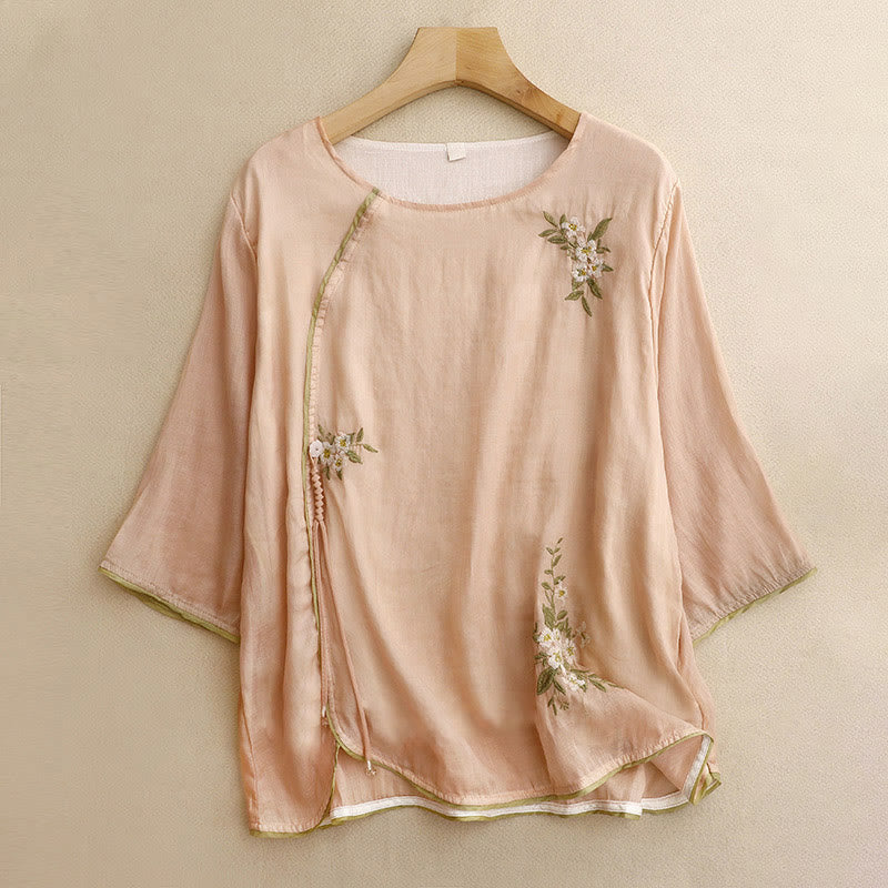 Buddha Stones Beige Floral Green Leaf Embroidery Crew Neck Three Quarter Sleeve Women's Shirt - PeachPuff - US12，UK/AU16，EU44 (2XL) - image 13