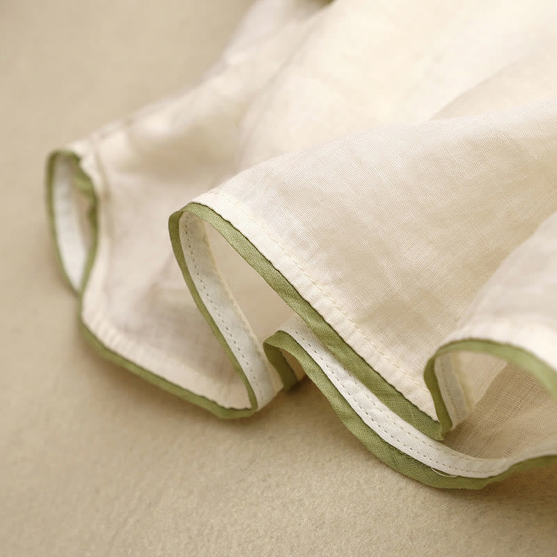 Buddha Stones Beige Floral Green Leaf Embroidery Crew Neck Three Quarter Sleeve Women's Cotton Shirt - image 7