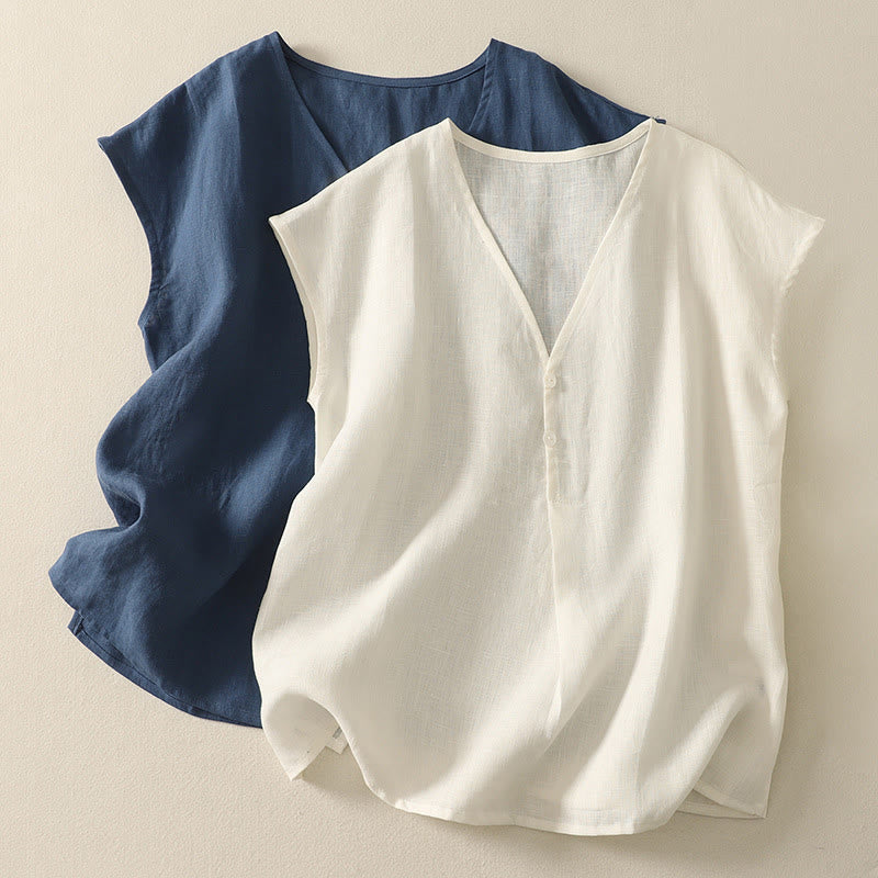 Buddha Stones Retro V-Neck Button Design Women's Cotton Sleeveless Vest - image 1