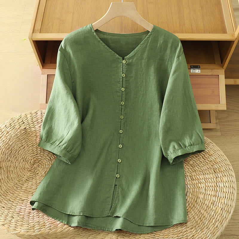 Buddha Stones Solid Buttons V-Neck Half Sleeve Women's Shirt - DarkSeaGreen - US12，UK/AU16，EU44 (2XL) - image 16