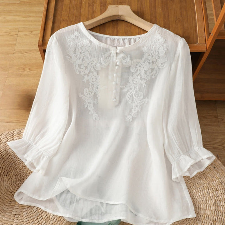 Buddha Stones Flower Vines Embroidery Button Crew Neck Three Quarter Sleeve Women's Shirt - White - US12，UK/AU16，EU44 (2XL) - image 9