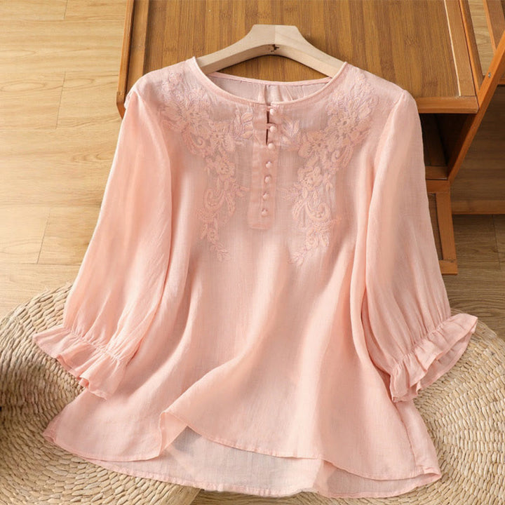 Buddha Stones Flower Vines Embroidery Button Crew Neck Three Quarter Sleeve Women's Cotton Shirt - LightPink - US12，UK/AU16，EU44 (2XL) - image 17
