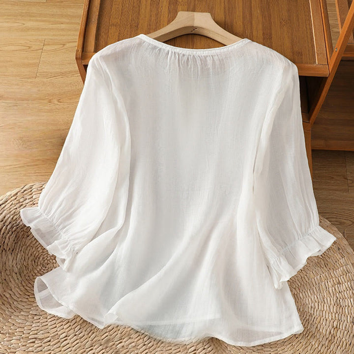 Buddha Stones Flower Vines Embroidery Button Crew Neck Three Quarter Sleeve Women's Shirt - image 10