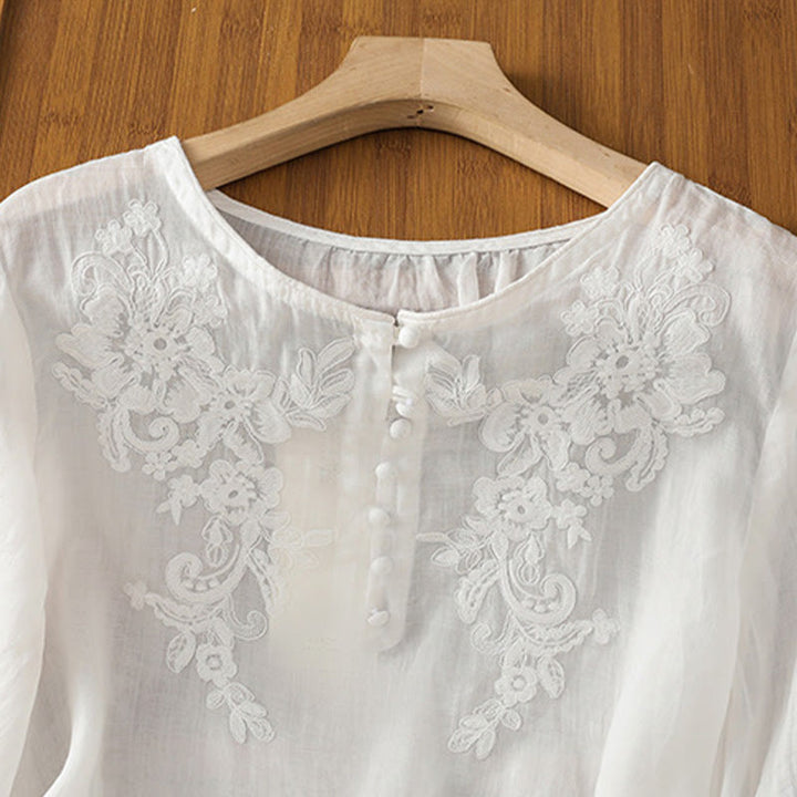 Buddha Stones Flower Vines Embroidery Button Crew Neck Three Quarter Sleeve Women's Shirt - image 11