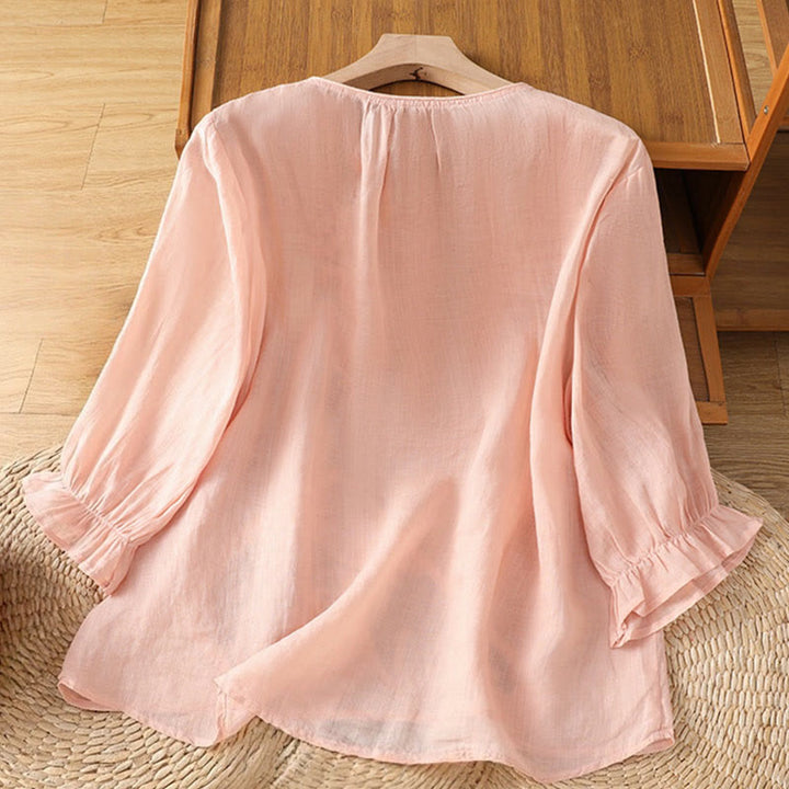 Buddha Stones Flower Vines Embroidery Button Crew Neck Three Quarter Sleeve Women's Shirt - image 18