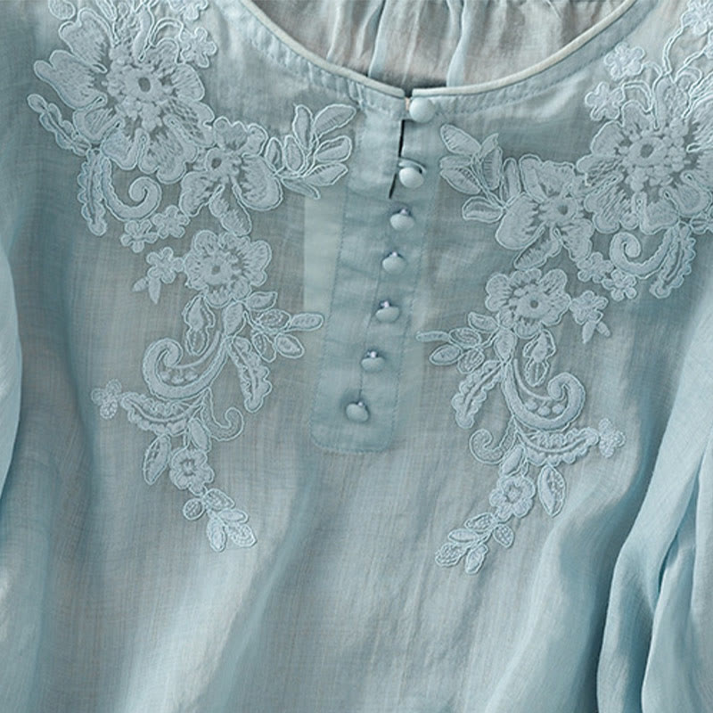 Buddha Stones Flower Vines Embroidery Button Crew Neck Three Quarter Sleeve Women's Shirt - image 30