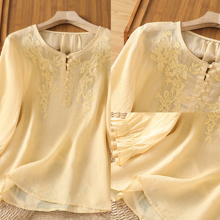 Buddha Stones Flower Vines Embroidery Button Crew Neck Three Quarter Sleeve Women's Shirt - image 3