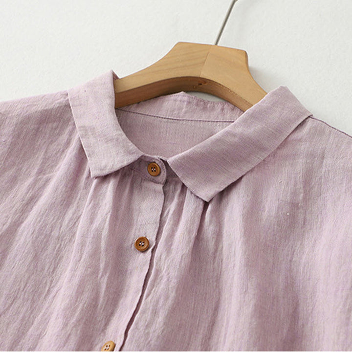 Buddha Stones Casual Plain Buttons Women's Cotton Linen Half Sleeve Shirt - image 2