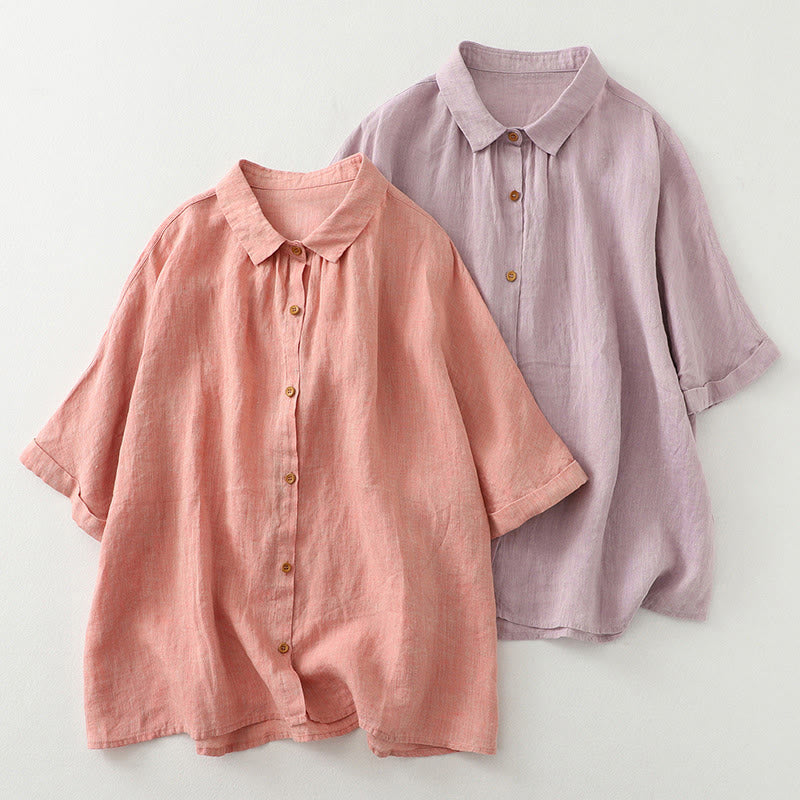 Buddha Stones Casual Plain Buttons Women's Cotton Linen Half Sleeve Shirt - image 0