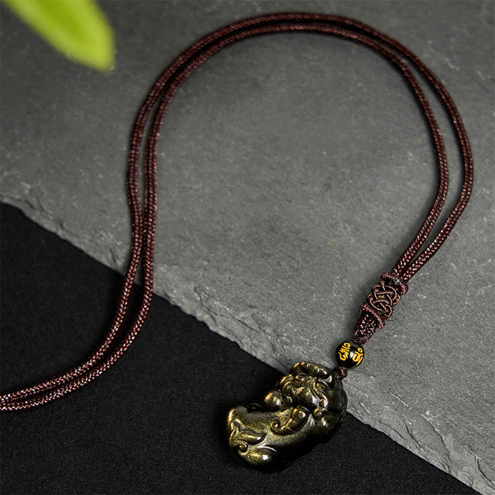Buddha Stones Gold Sheen Obsidian PiXiu Wealth Rope Necklace Pendant - image 3