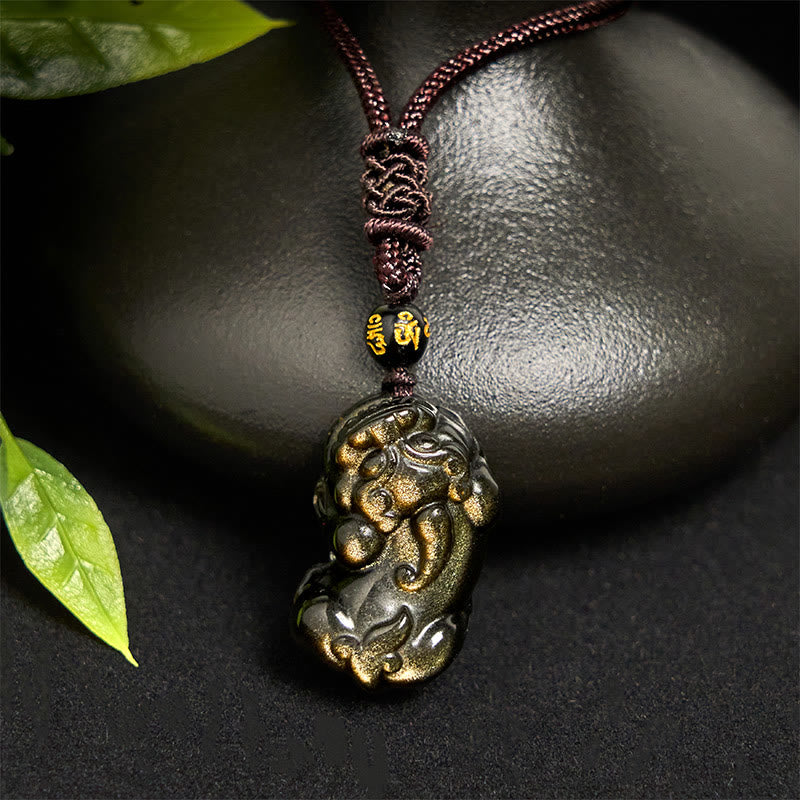 Buddha Stones Gold Sheen Obsidian PiXiu Wealth Rope Necklace Pendant - image 1
