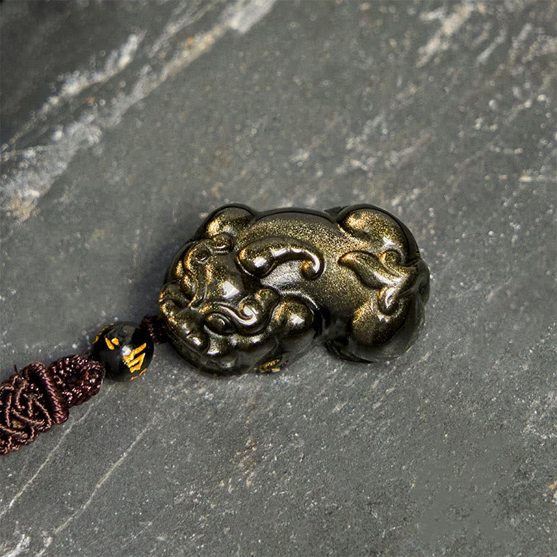 Buddha Stones Gold Sheen Obsidian PiXiu Wealth Rope Necklace Pendant - image 2