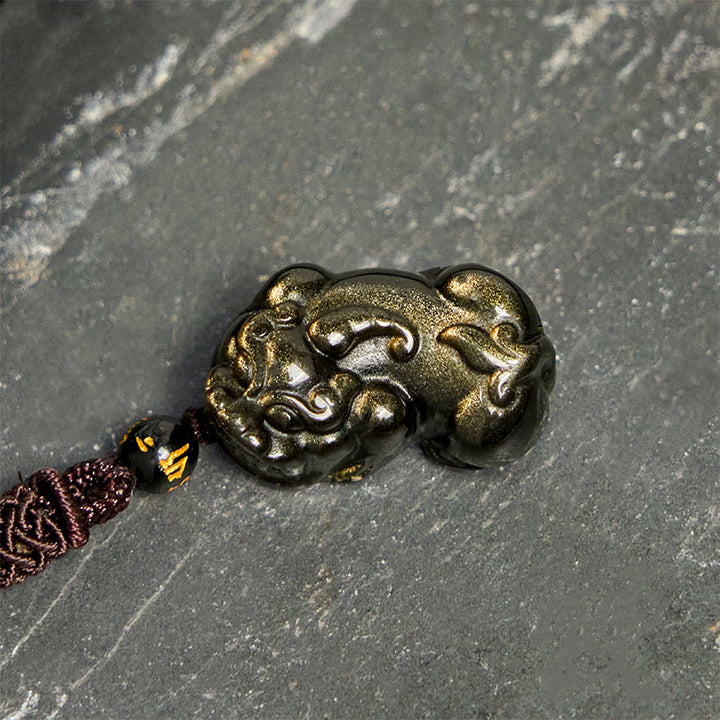 Buddha Stones Gold Sheen Obsidian PiXiu Wealth Rope Necklace Pendant - image 2