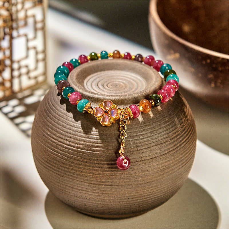 Buddha Stones Tourmaline Four Leaf Clover Flower Love Bracelet - Tourmaline(Wrist Circumference 14-16cm) - image 0