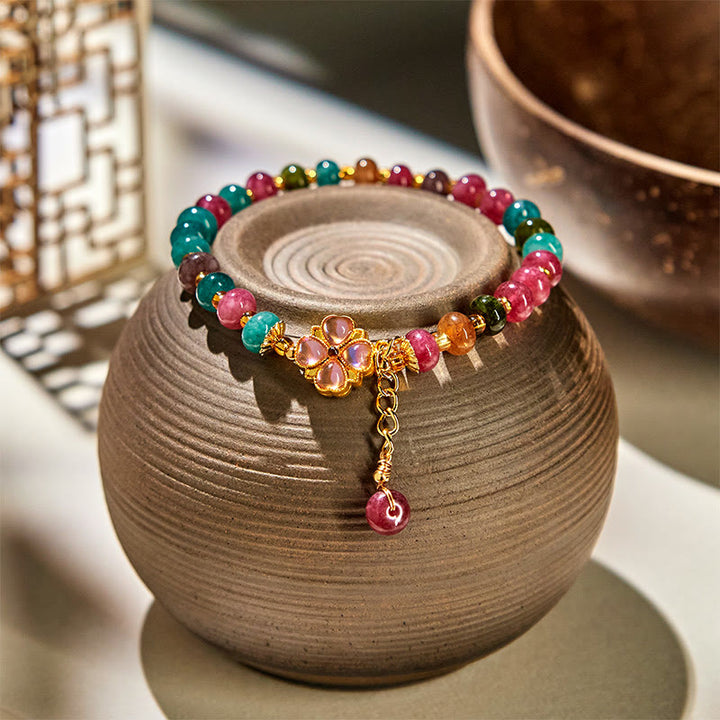 Buddha Stones Tourmaline Four Leaf Clover Flower Love Bracelet - Tourmaline(Wrist Circumference 14-16cm) - image 0