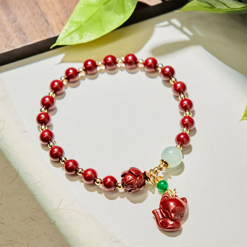 Buddha Stones Cinnabar Lotus Cute Fox Charm Blessing Bracelet - image 1