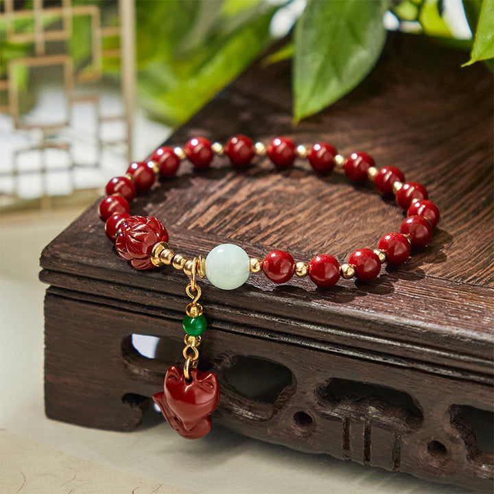 Buddha Stones Cinnabar Lotus Cute Fox Charm Blessing Bracelet - image 2