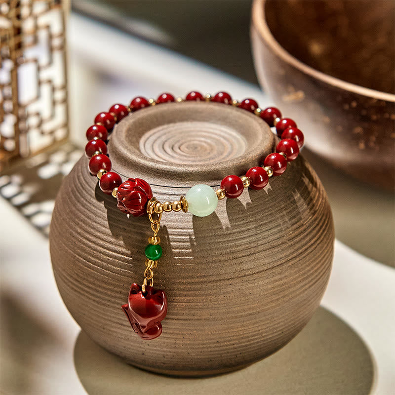 Buddha Stones Cinnabar Lotus Cute Fox Charm Blessing Bracelet - Cinnabar(Wrist Circumference 14-17cm) - image 0