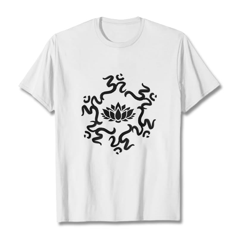 Buddha Stones OM Symbol Lotus Flower Pattern Tee T-shirt - White - 2XL - image 6