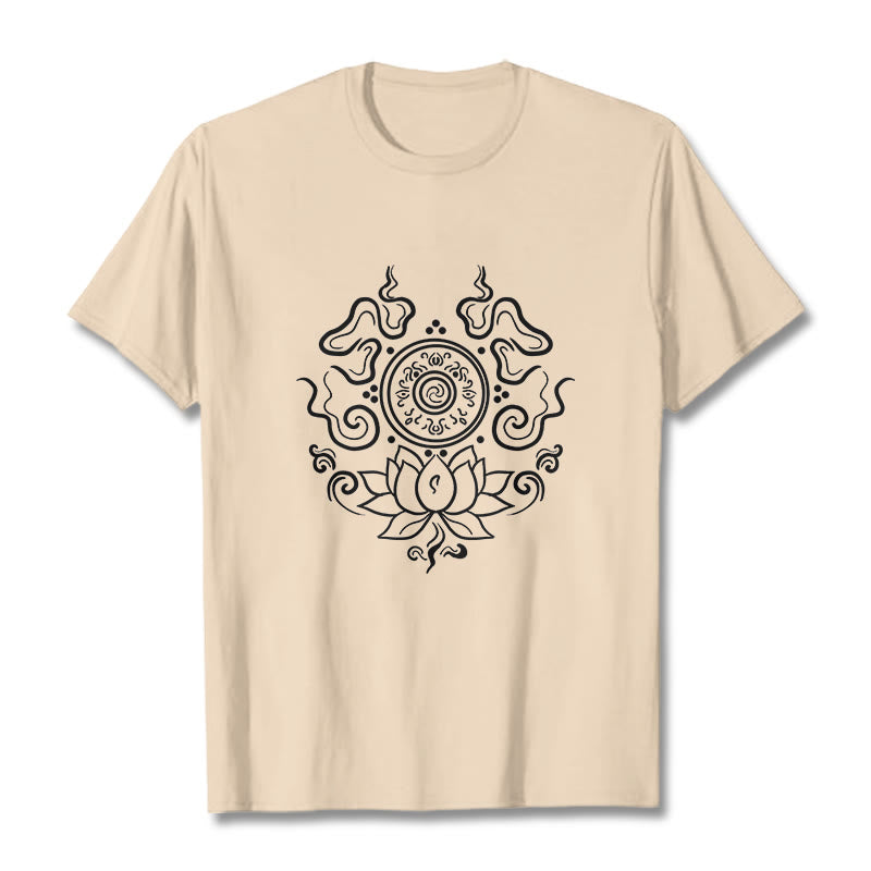 Buddha Stones Dharma Wheel Lotus Flower Pattern Tee T-shirt - Bisque - 2XL - image 0