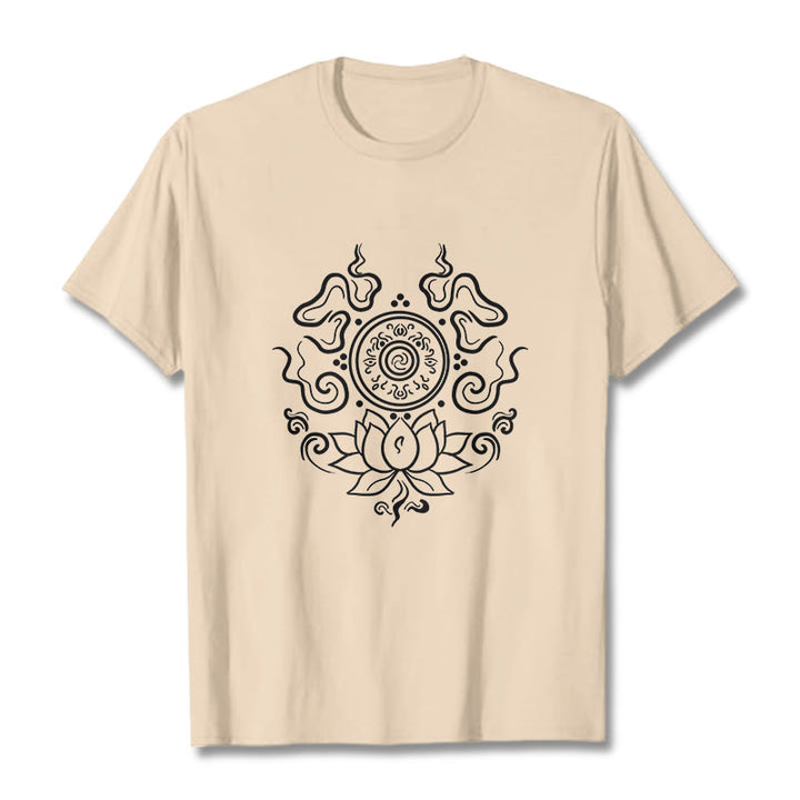 Buddha Stones Dharma Wheel Lotus Flower Pattern Tee T-shirt - Bisque - 2XL - image 0